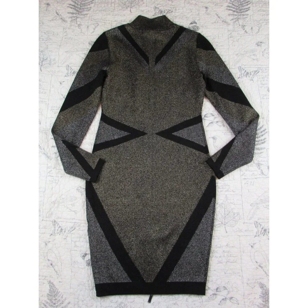 Karen Millen Metallic Bandage Knit Bodycon Dress Front Zip Gold Black UK S 4-6 - Picture 14 of 16